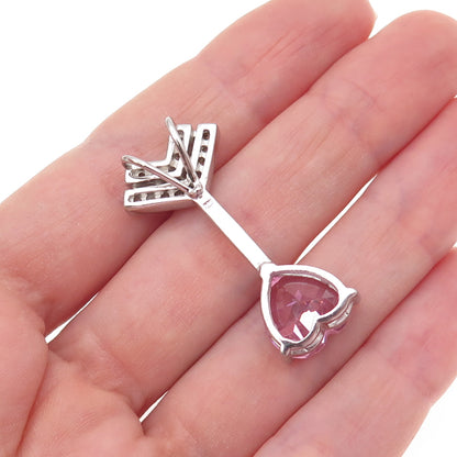 925 Sterling Silver Pink & White C Z Heart Arrow Slide Charm Pendant