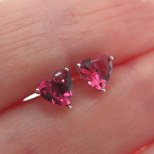 925 Sterling Silver Heart-Cut Pink C Z Stud Earrings