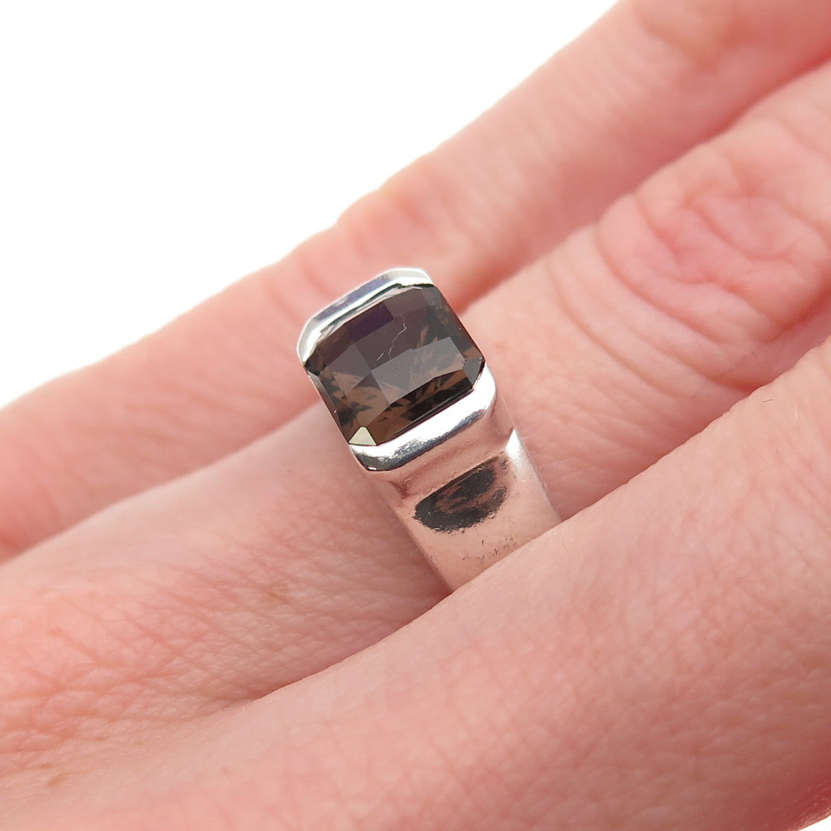 925 Sterling Silver Vintage Real Smoky Quartz Modernist Ring Size 6