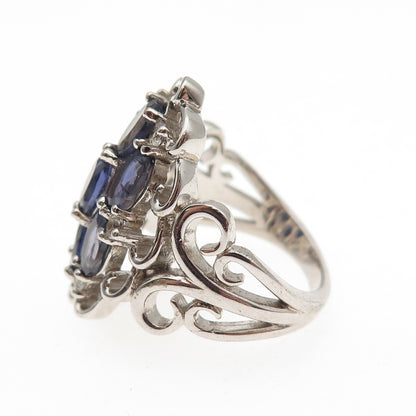 925 Sterling Silver Real Iolite & White Topaz Cluster Ring Size 6