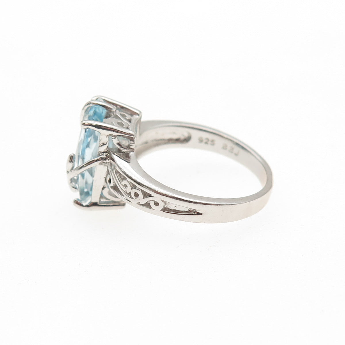 925 Sterling Silver Real Radiant-Cut Blue Topaz Floral Scroll Ring Size 7