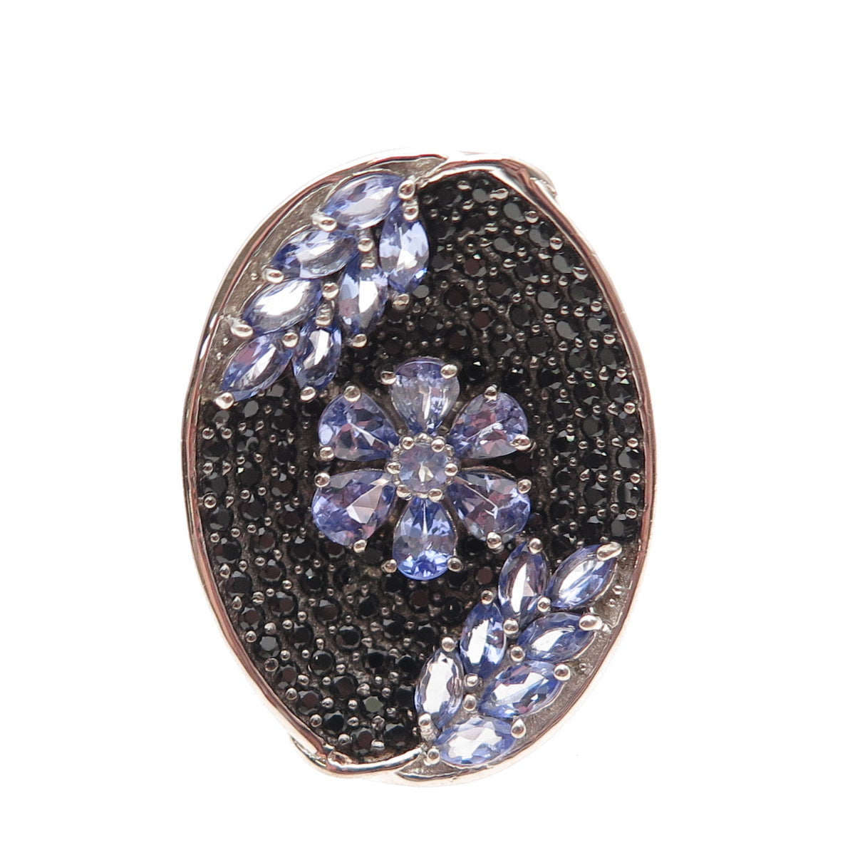 Chuck Clemency 925 Sterling Real Tanzanite & Black Spinel Floral Ring Size 8.25