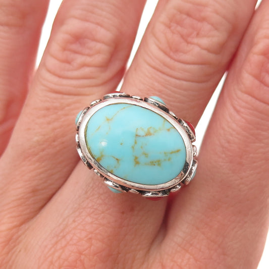 Ken Crafts 925 Sterling Silver Vintage Real Turquoise & Coral Ring Size 6.75