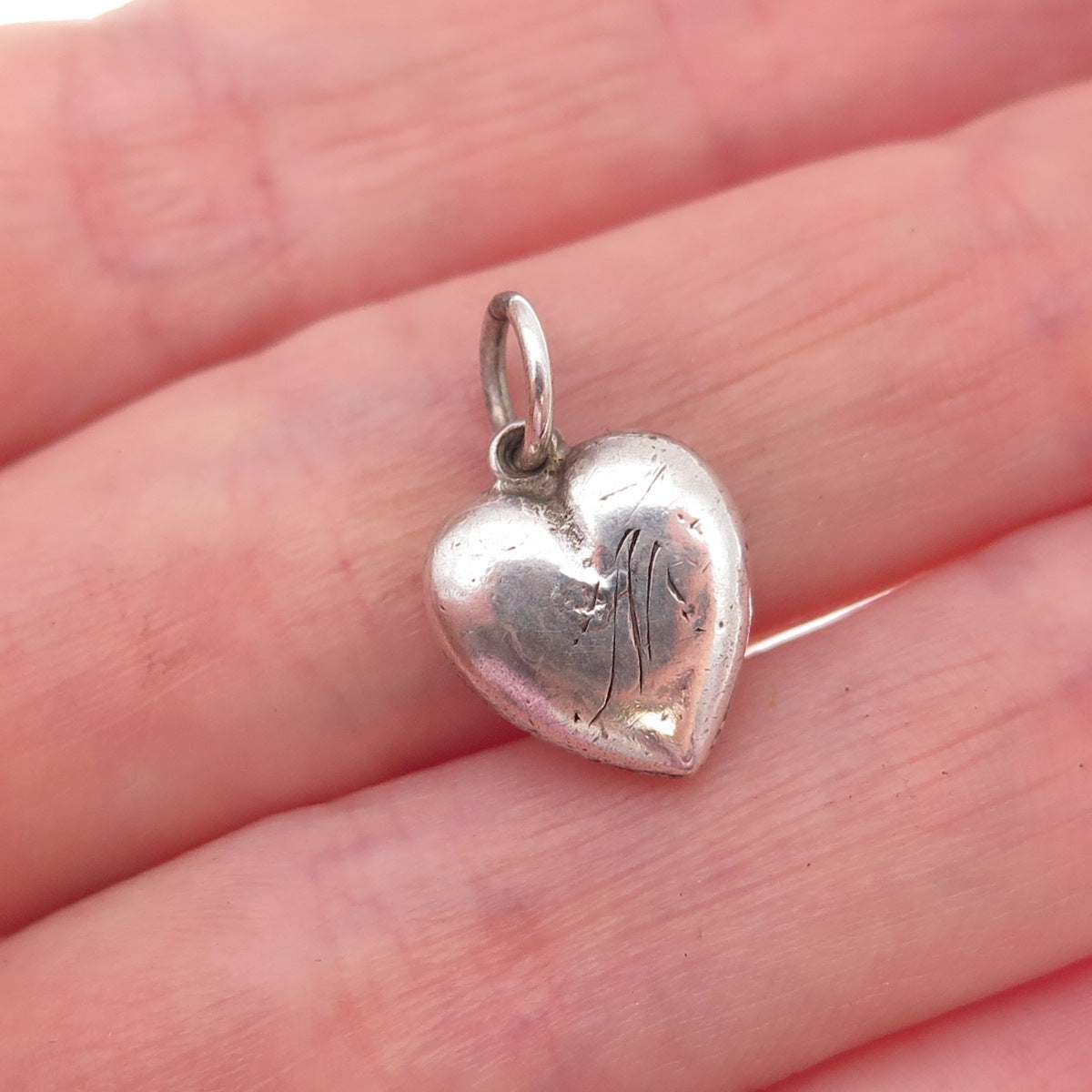 925 Sterling Silver Antique Art Deco Engraved Heart Chatelaine Charm Pendant