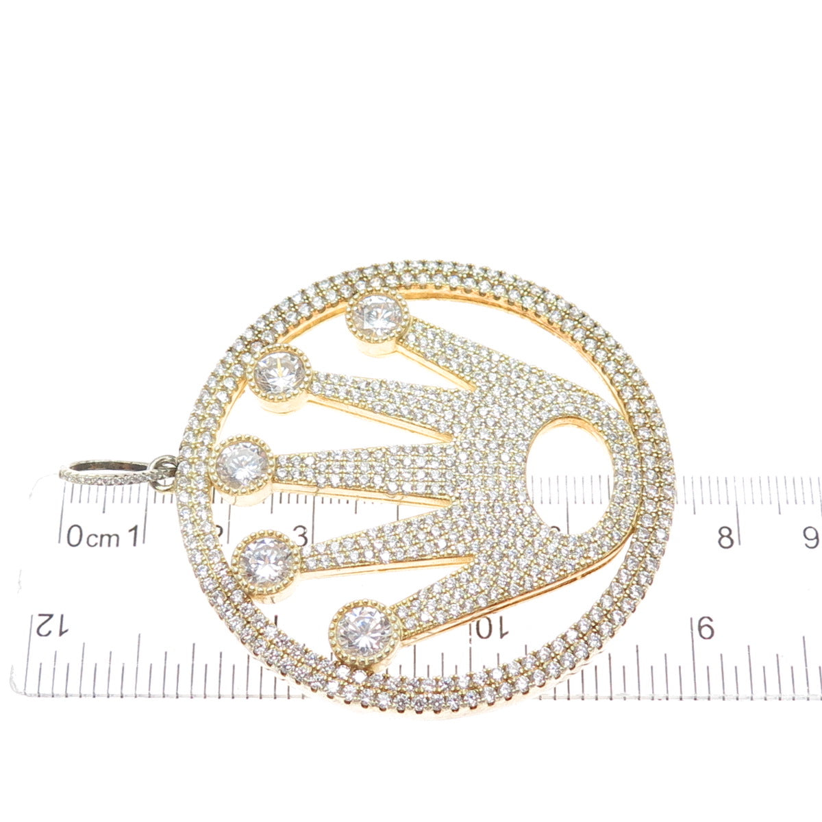 925 Sterling Silver Gold Plated Round-Cut C Z Sparkle Crown Large Pendant