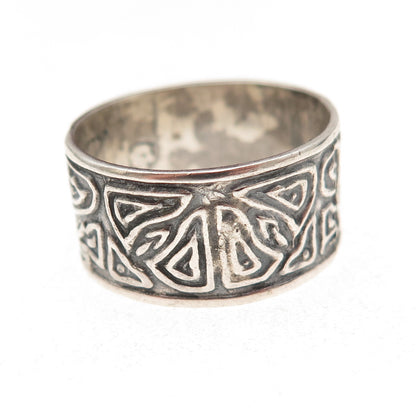 925 Sterling Silver Vintage Mexico Modernist Oxidized Wide Band Ring Size 10.25