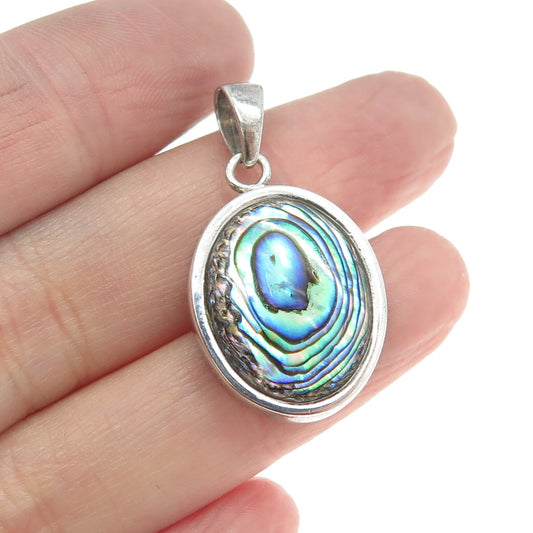 925 Sterling Silver Vintage Real Abalone Shell Oval Pendant