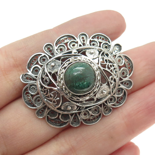 925 Sterling Silver Vintage Green Turquoise Gem Filigree Oxidized Pin Brooch