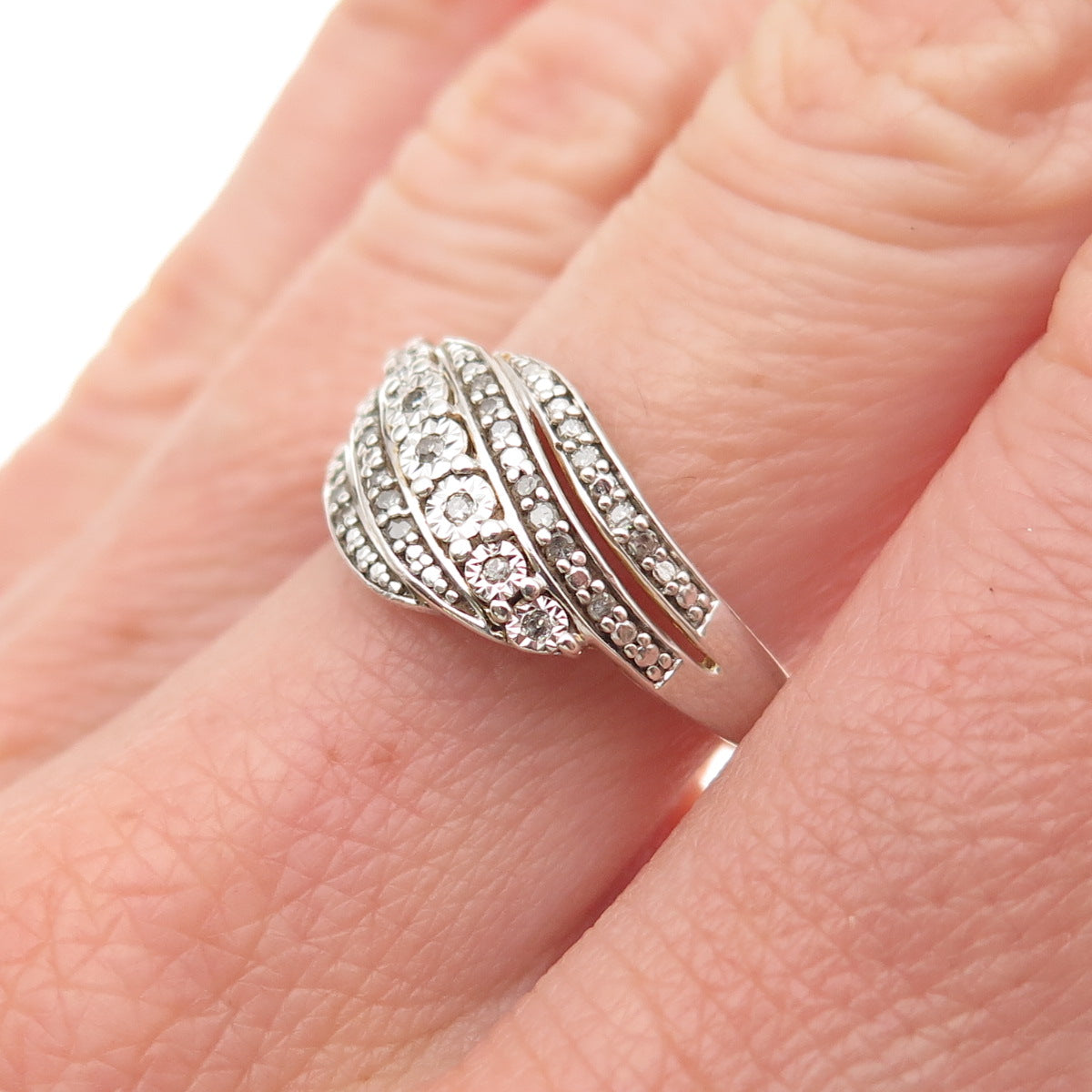 925 Sterling Silver Real Round-Cut Diamond Ring Size 7.25
