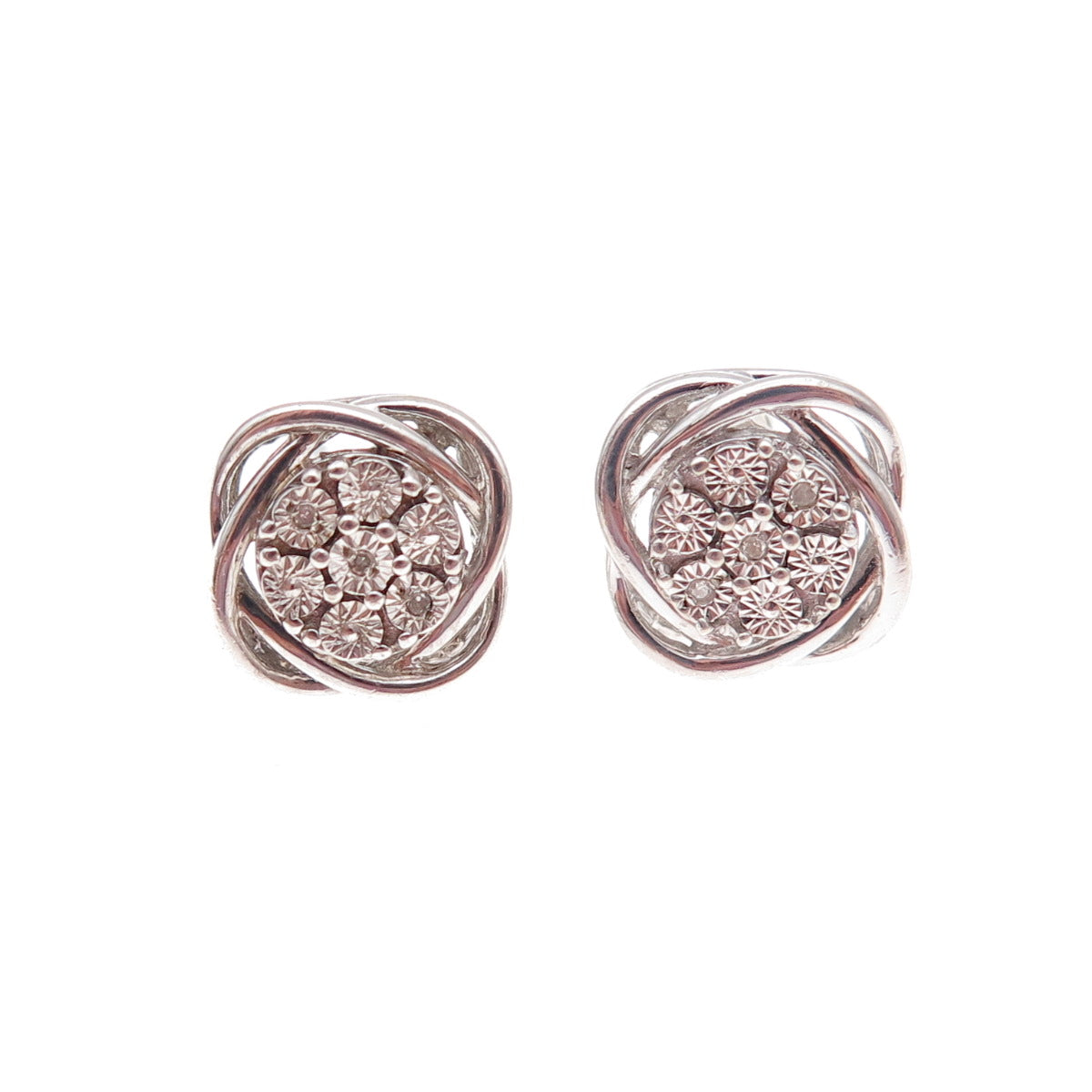 925 Sterling Silver Real Round-Cut Diamond Woven Stud Earrings