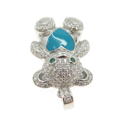 925 Sterling Silver Enamel Round-Cut Blue & White C Z Teddy Bear Pendant