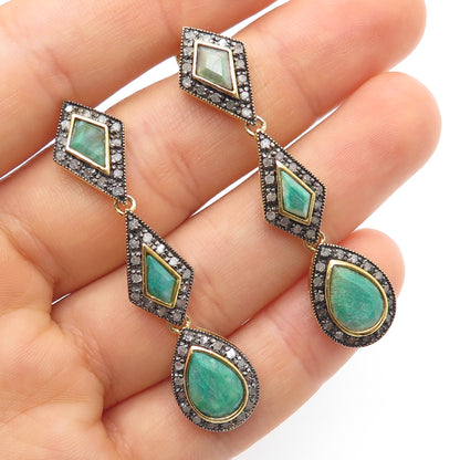 925 Sterling Silver Gold Plated Real Diamond & Emerald Teardrop Dangle Earrings