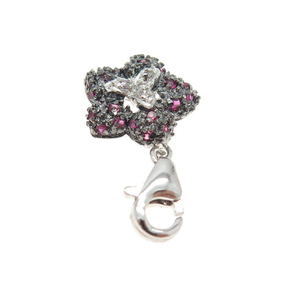 925 Sterling Silver Real White Topaz & Ruby Floral Lobster Lock Charm Pendant