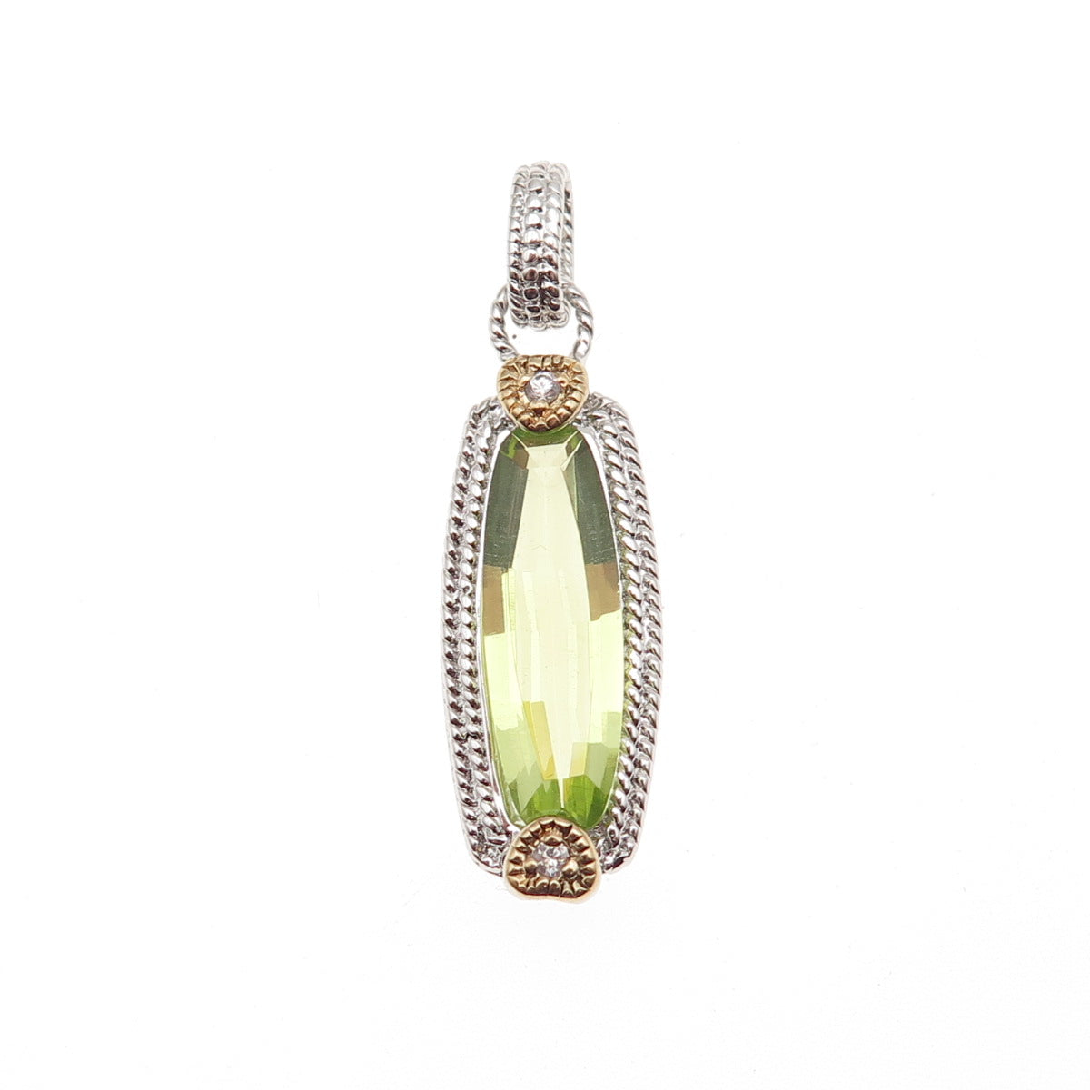 925 Sterling Silver 2-Tone Real Lime Quartz & C Z Heart Charm Pendant
