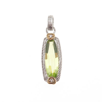 925 Sterling Silver 2-Tone Real Lime Quartz & C Z Heart Charm Pendant