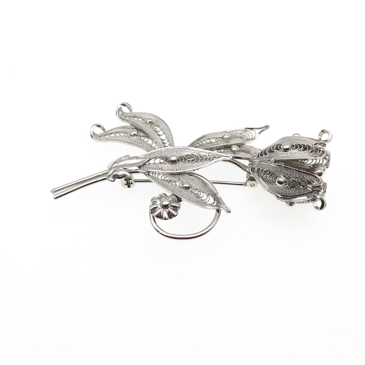 SORRENTO 925 Sterling Silver Vintage Tulip Flower Filigree Pin Brooch