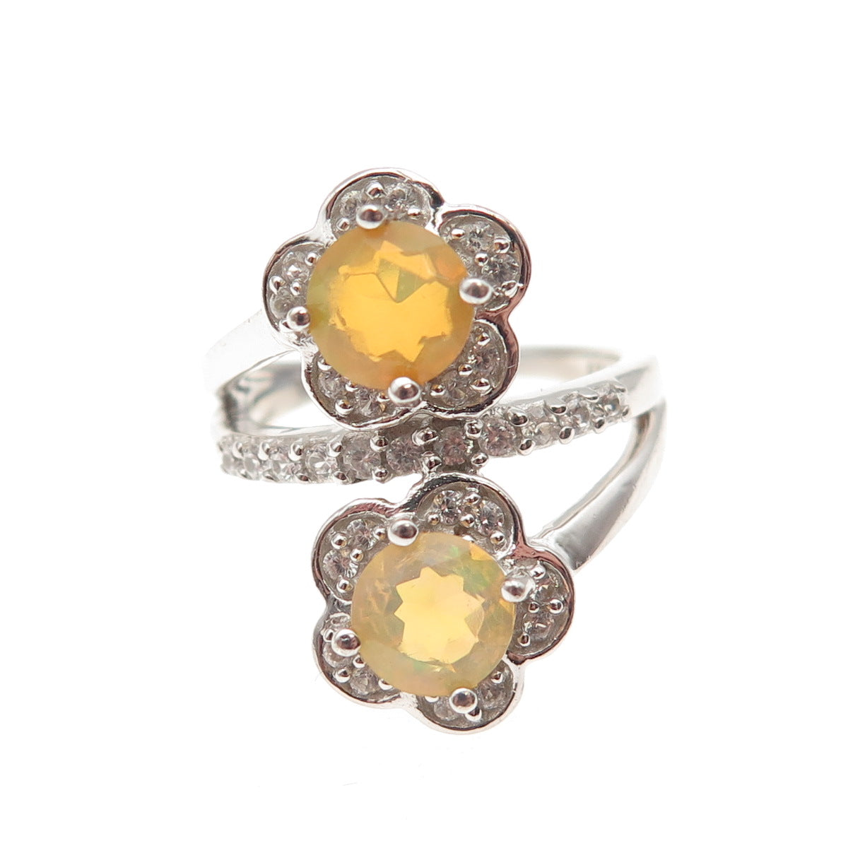 925 Sterling Silver VJL Real Opal & White Topaz Floral Bypass Ring Size 6