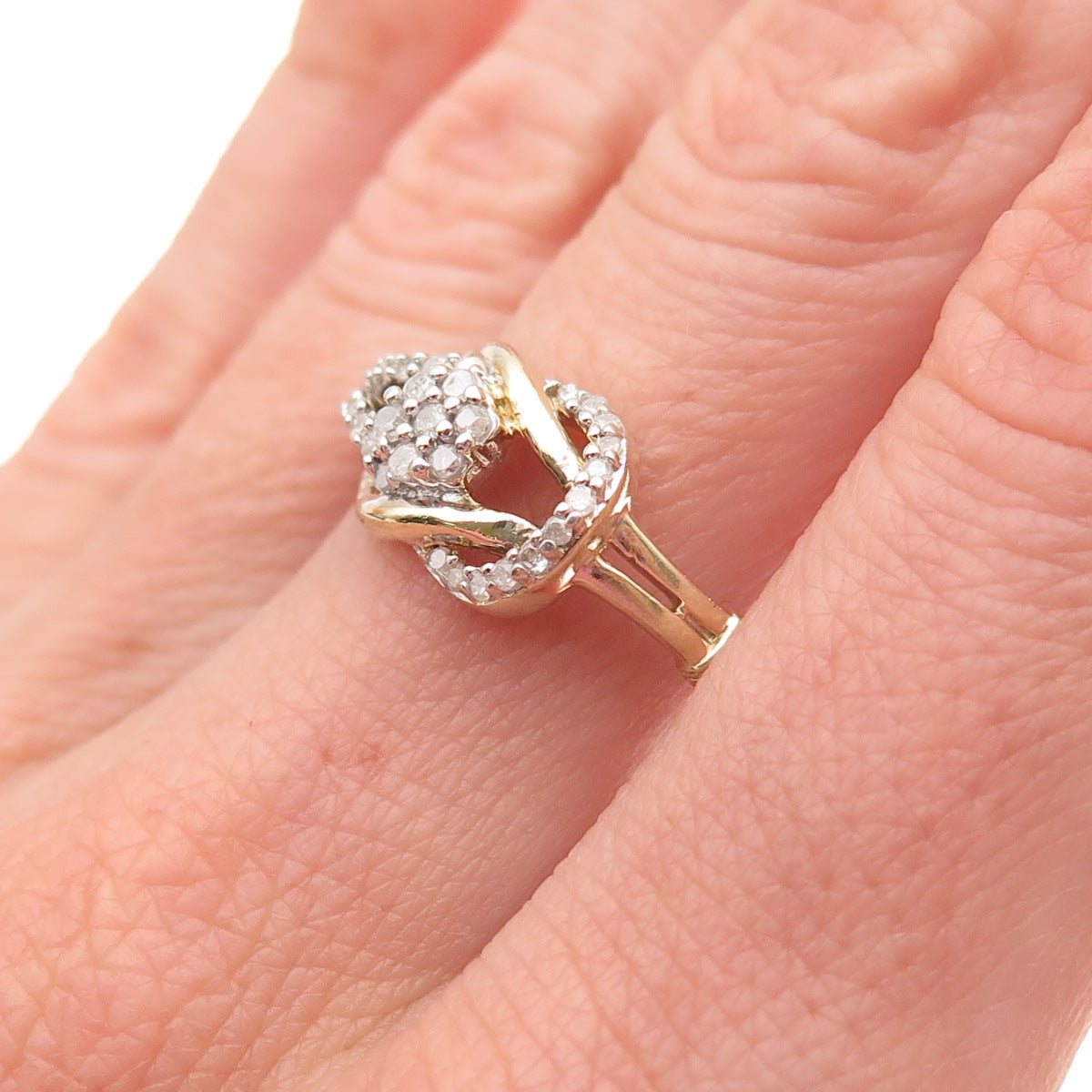 925 Sterling Silver 2-Tone Real Round-Cut Diamond Love Knot Ring Size 7.25
