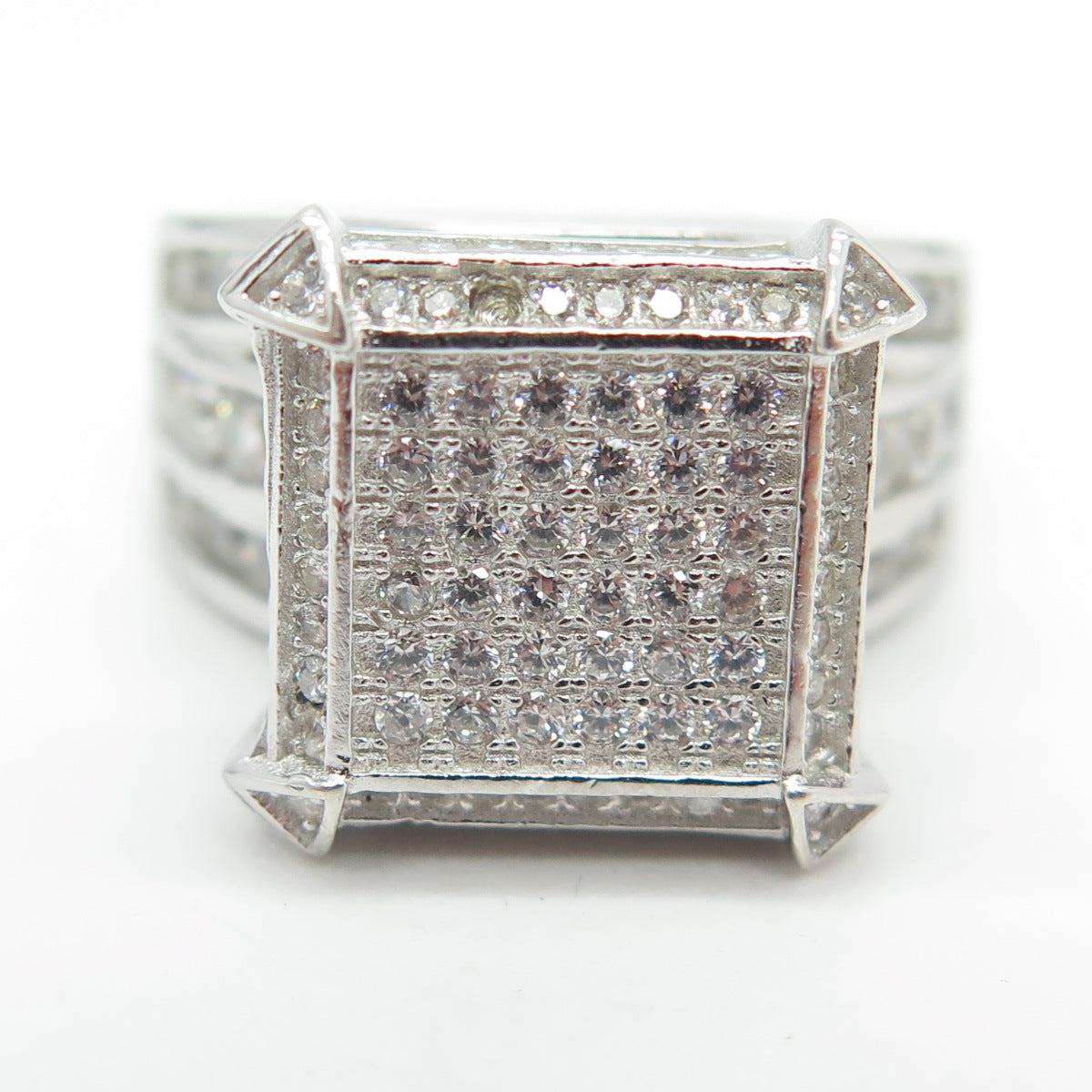 925 Sterling Silver Round-Cut C Z Statement Square Ring Size 7.5