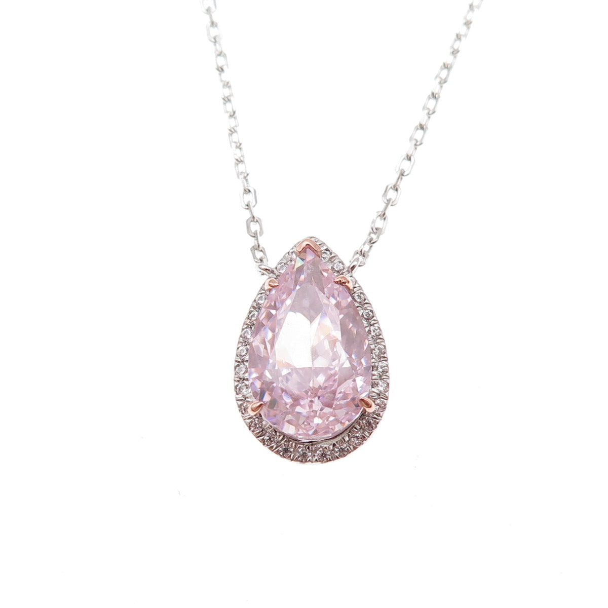 925 Sterling Silver 2-Tone Pink & White C Z Teardrop Cable Chain Necklace 16-18"