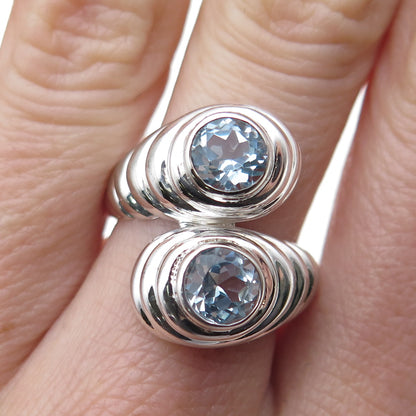925 Sterling Silver Vintage Real Blue Topaz Modernist Bypass Ring Size 7