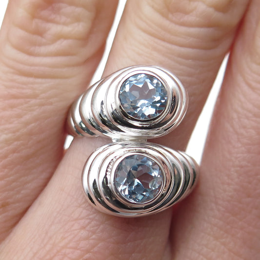 925 Sterling Silver Vintage Real Blue Topaz Modernist Bypass Ring Size 7