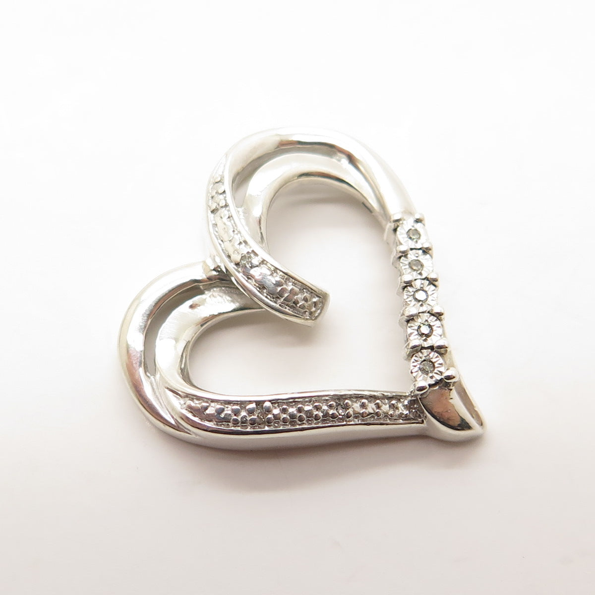 925 Sterling Silver Real Round-Cut White Diamond Heart Slide Pendant