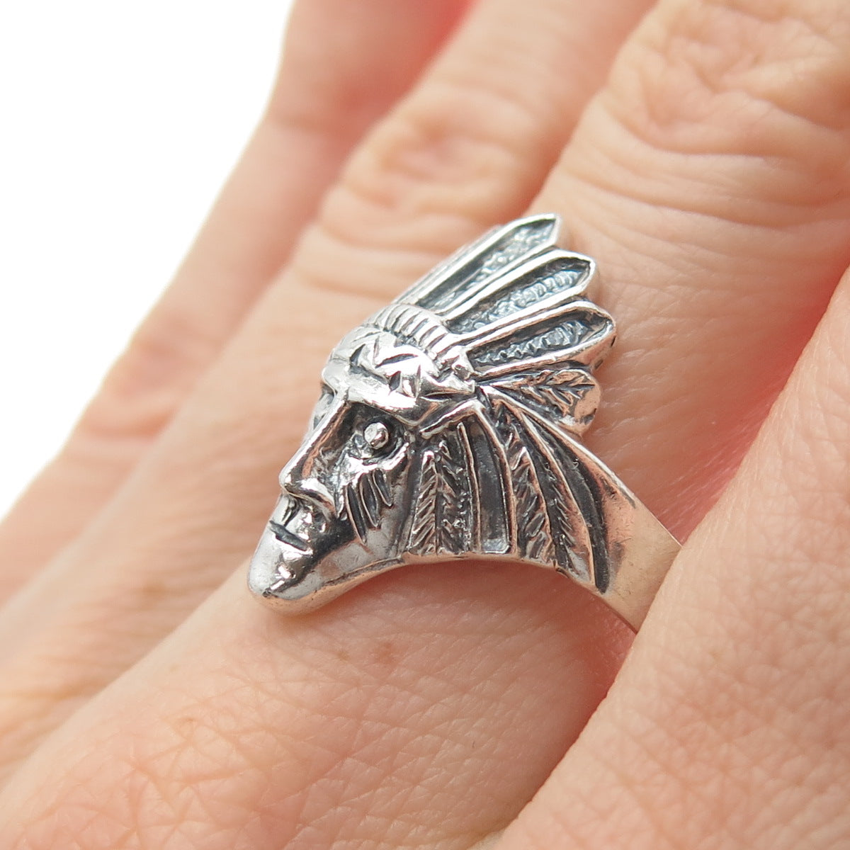 925 Sterling Silver Vintage Southwestern Indian Chief Oxidized Ring Size 9.75