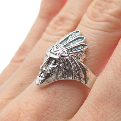 925 Sterling Silver Vintage Southwestern Indian Chief Oxidized Ring Size 9.75