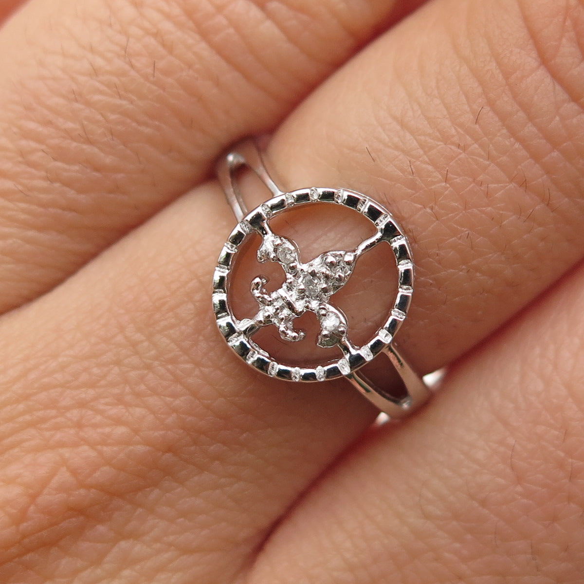 925 Sterling Silver Real Round-Cut Diamond Fleur de Lis Ring Size 6