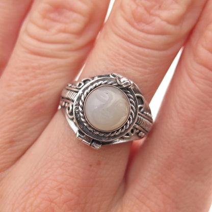 925 Sterling Silver Vintage Real Moonstone Goddess Poison Ring Size 7.5