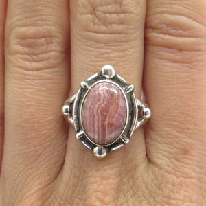 925 Sterling Silver Vintage Real Picture Rhodochrosite Gem Beaded Ring Size 8.75