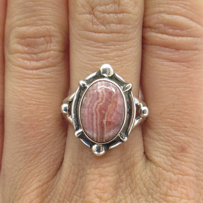 925 Sterling Silver Vintage Real Picture Rhodochrosite Gem Beaded Ring Size 8.75