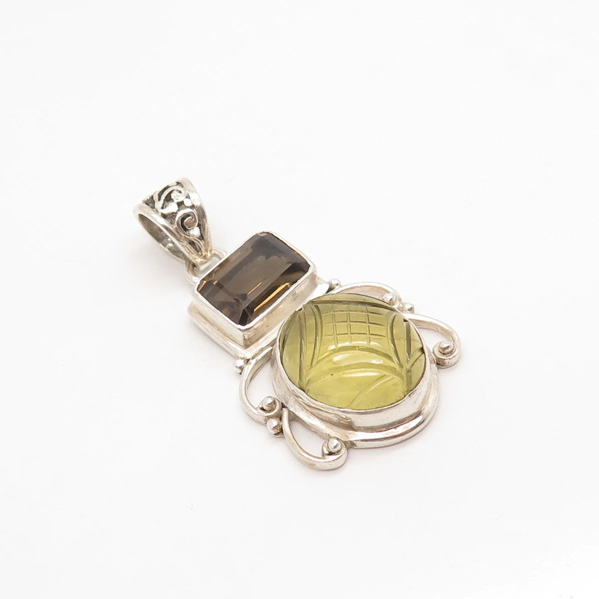 925 Sterling Silver Vintage Real Smoky Quartz & Lemon Citrine Gem Pendant