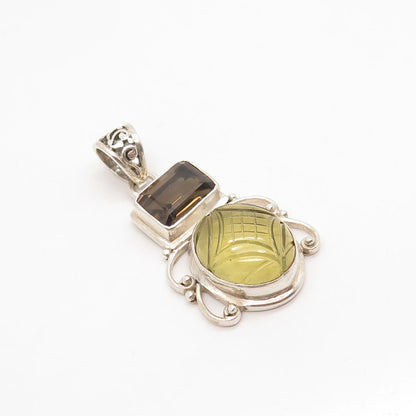 925 Sterling Silver Vintage Real Smoky Quartz & Lemon Citrine Gem Pendant