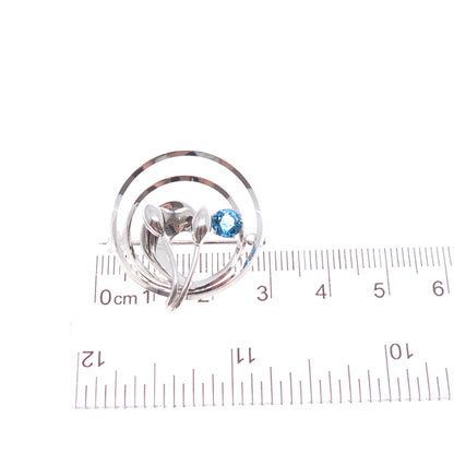 CARL ART 925 Sterling Silver Vintage Blue Rhinestone Flower Pin Brooch / Pendant