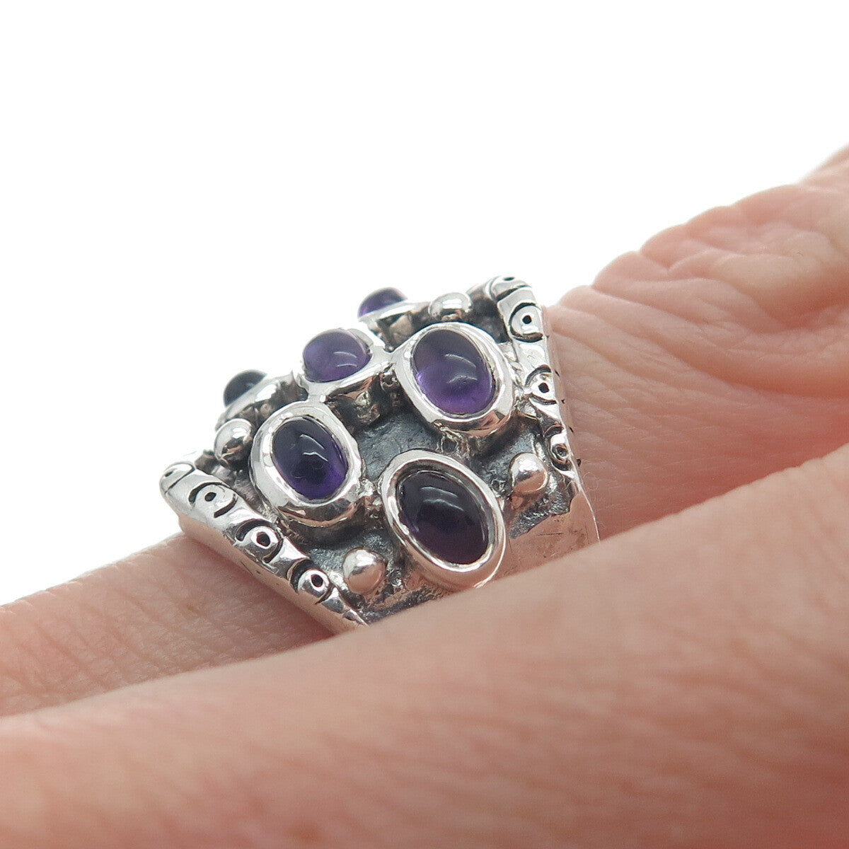 925 Sterling Silver Vintage Real Amethyst Modernist Oxidized Ring Size 5.5