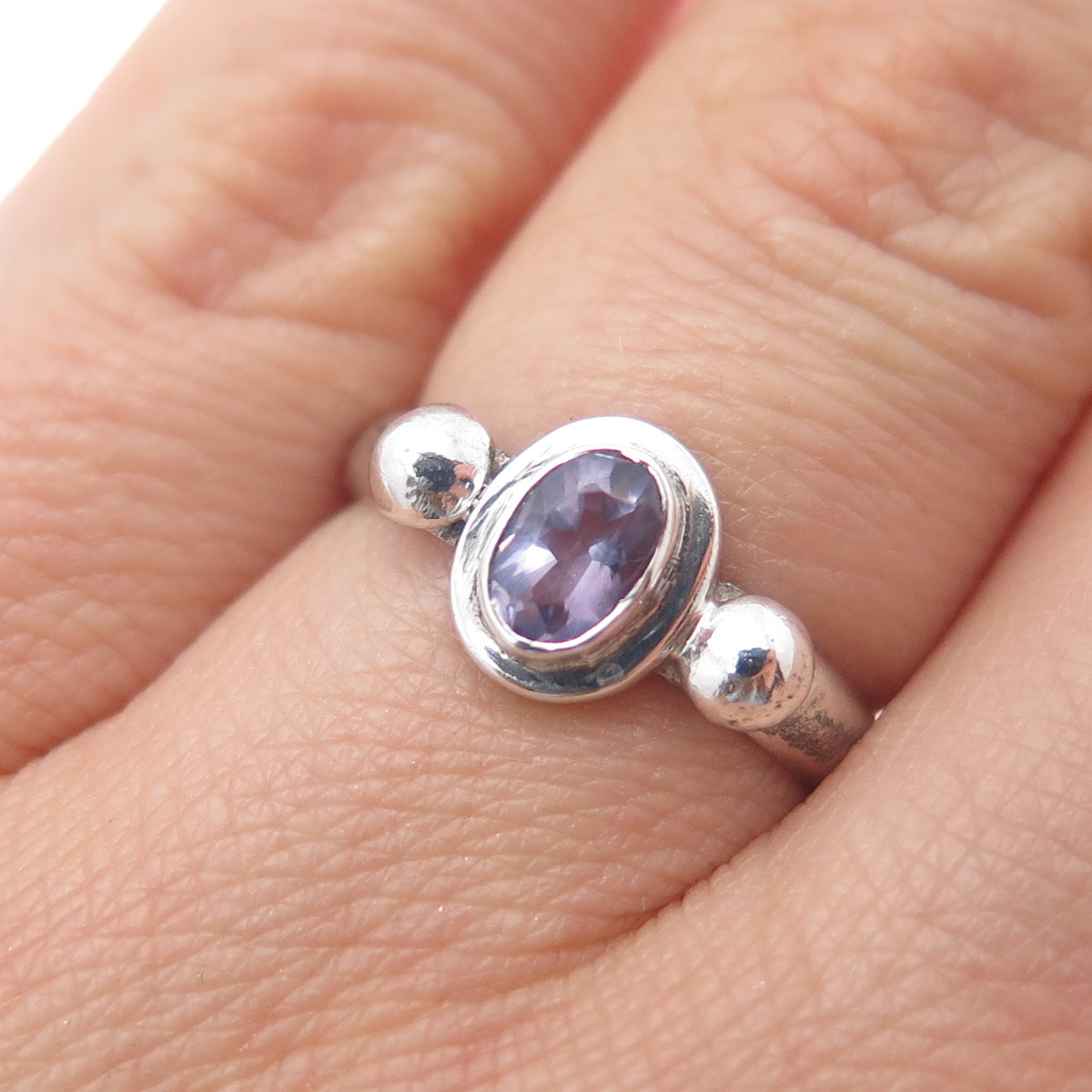 925 Sterling Silver Vintage Real Amethyst Modernist Ring Size 5.75