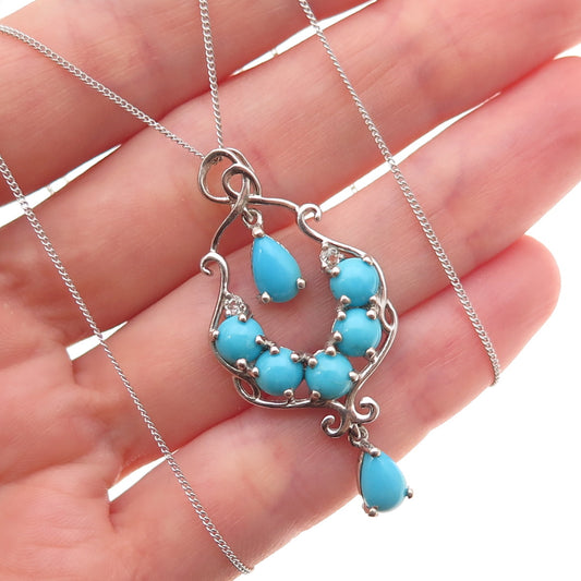Chuck Clemency 925 Sterling Silver Real Turquoise White Topaz Chain Necklace 20"