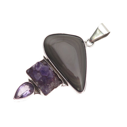 Charles Albert 925 Sterling Silver Vintage Real Gray Obsidian & Amethyst Pendant