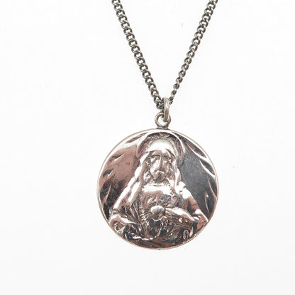 925 Sterling Silver Antique Art Deco Jesus Sacred Heart Cuban Chain Necklace 18"