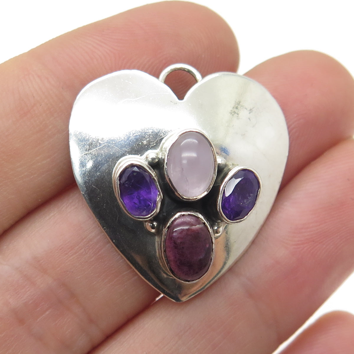 925 Sterling Silver Vintage Real Lavender Jade Amethyst & Sugilite Heart Pendant