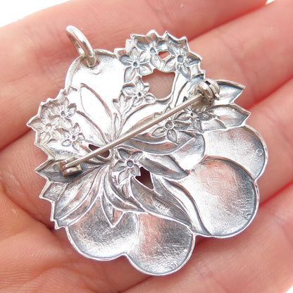 925 Sterling Silver Vintage Pear & Flower Oxidized Pin Brooch / Pendant