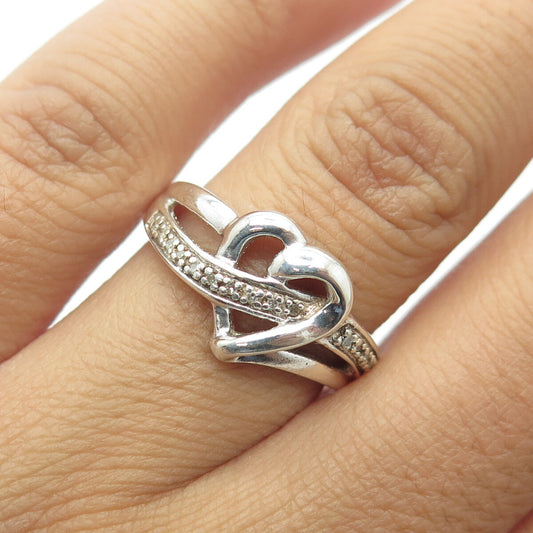 925 Sterling Silver Real White Diamond Open Heart Swirl Cocktail Ring Size 7
