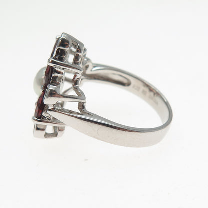 925 Sterling Silver Vintage Real Pearl Red Garnet Citrine Flower Ring Size 7.25