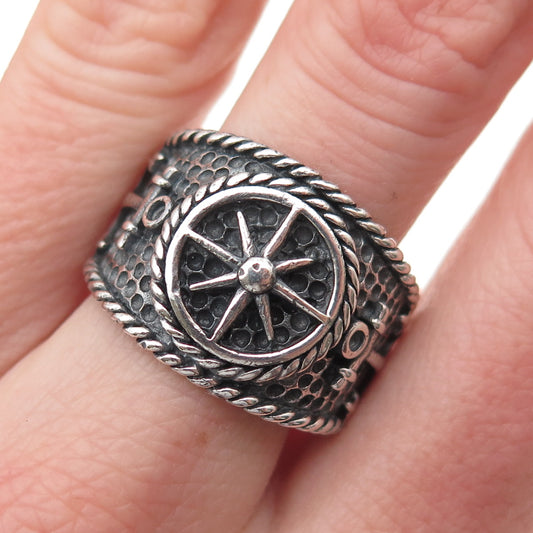 925 Sterling Silver Vintage Anchor Nautical Compass Oxidized Ring Size 9