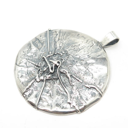 925 Sterling Silver Vintage Brutalist Modernist Large Round Pendant