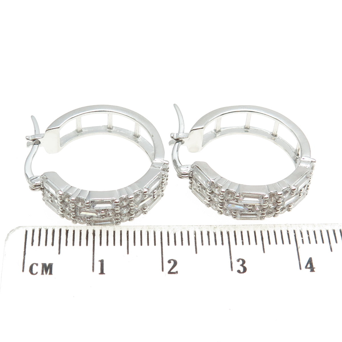 925 Sterling Silver C Z Hinged Hoop Earrings