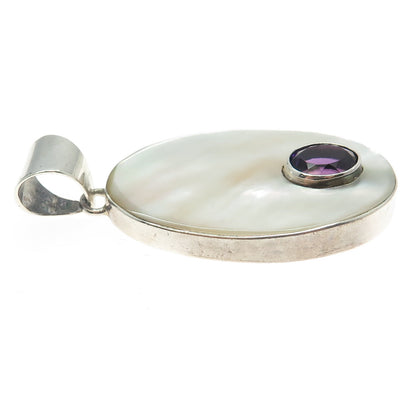 925 Sterling Silver Vintage Real Amethyst & MOP Oval Pendant