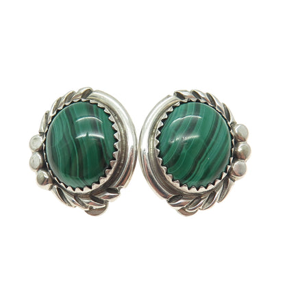 Old Pawn 925 Sterling Silver Vintage Southwestern Malachite Clip On Earrings